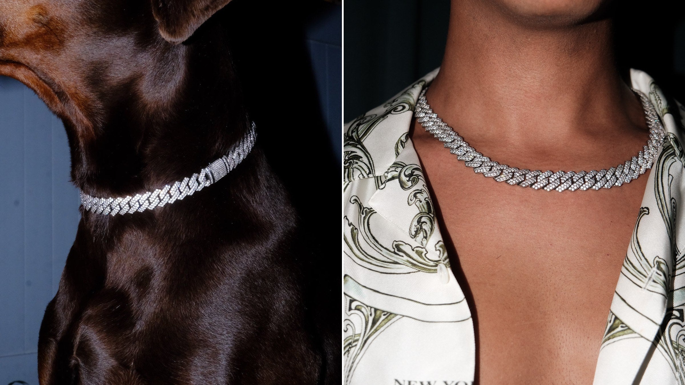 A Doberman wearing the Canine Crystal Cuban chain collar beside its owner wearing the matching 14mm Cuban chain necklace
